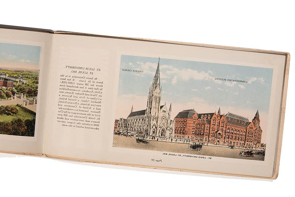 Book open to an illustration of DuBourg Hall and College Church