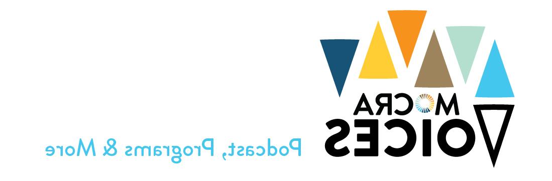 六个蓝色三角形的标志, green, brown, yellow, 橙色和深蓝色文字:MOCRA的声音播客, 节目及更多